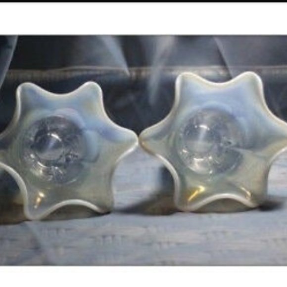 Vintage Pair LOT of 2 DUNCAN MILLER Blue Opalescent Glass Vase Vases Pinched Rim - Picture 2 of 3
